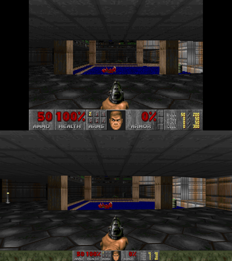 Chocolate Doom (top) and GZDoom running with the Doom software renderer (bottom)
